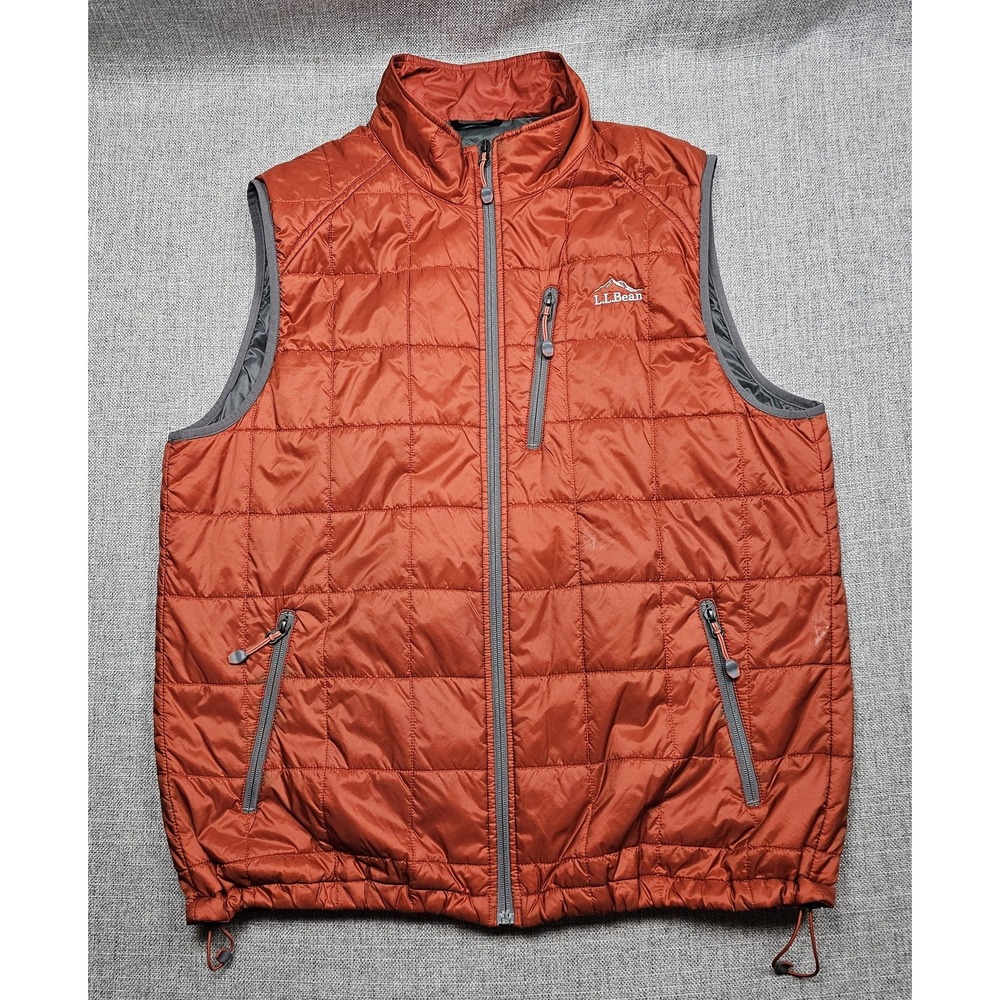 LL Bean Vest Mens LT Orange Quilted Nylon Insulated Full Zip Outdoor Hiking